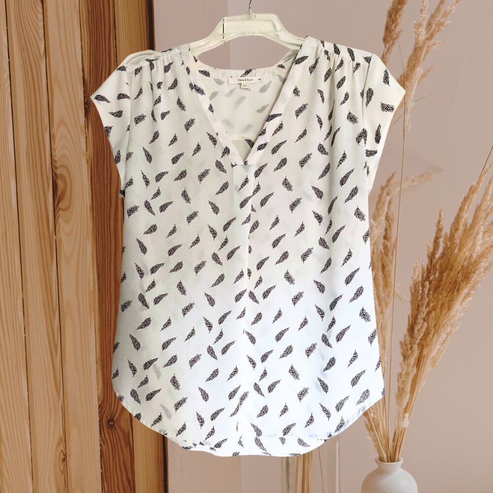 White Short-Sleeve Feather Blouse — Soft Earth Edit (XS)
